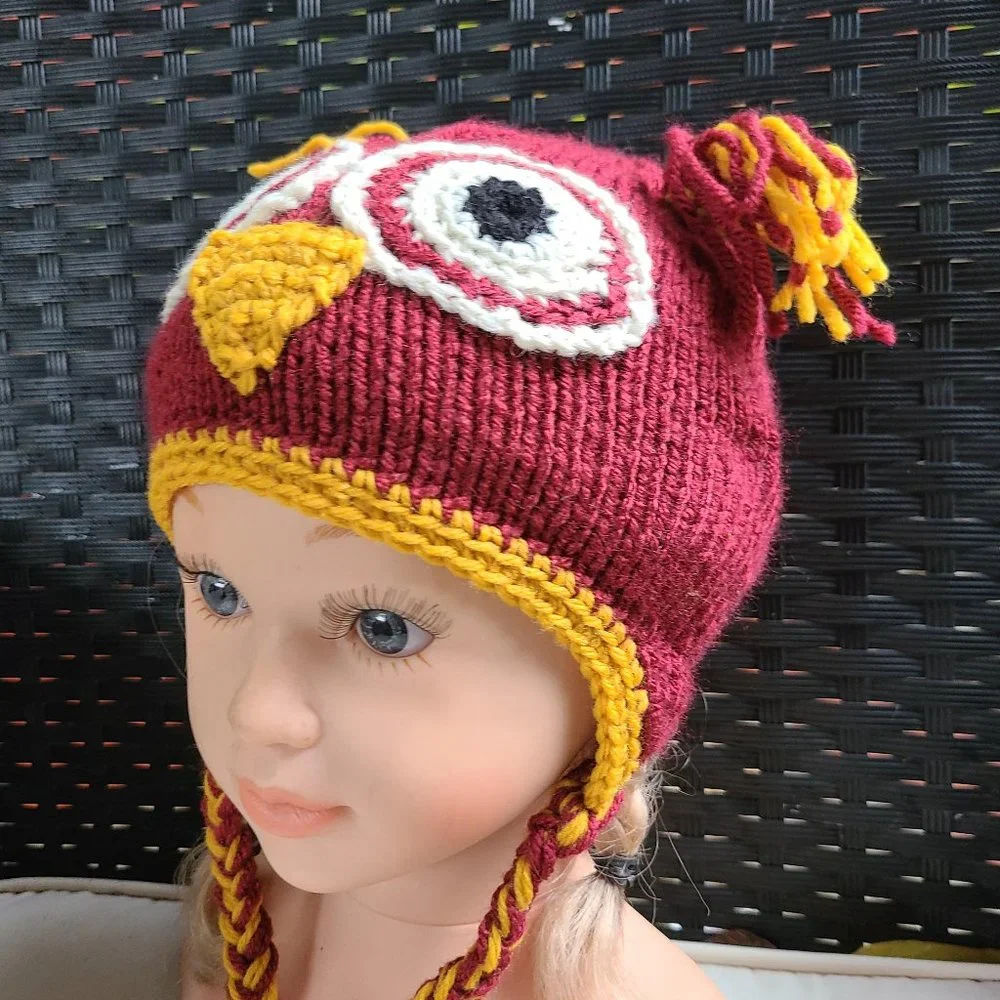 Kids Handmade Knit Crochet Owl Hat with earflaps Size 6-12 MONTHS